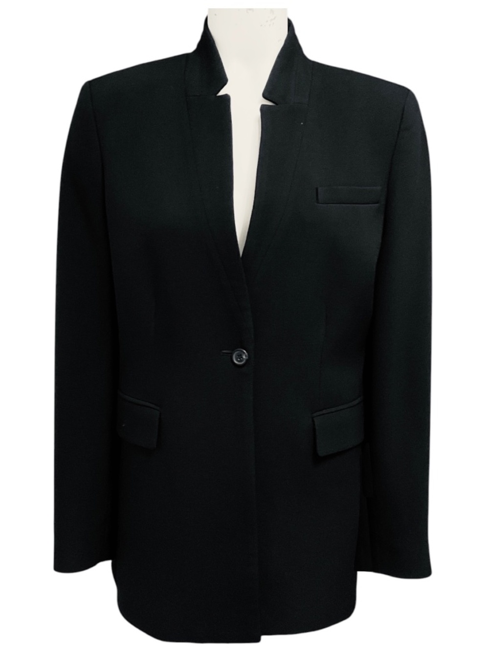 BRANDON MAXWELL BLACK NOTCHED COLLAR ONE BUTTON WOOL AND SILK JACKET